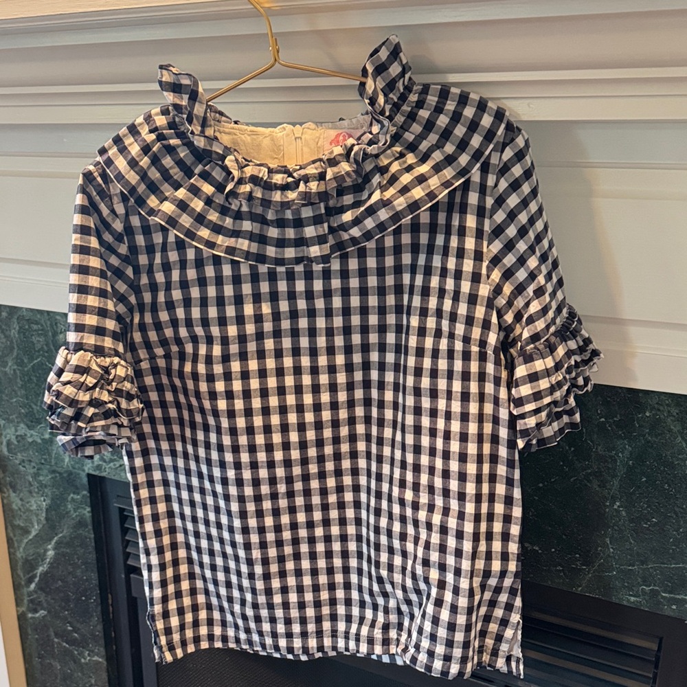 Elegant Checkered Ruffle Blouse - Black and White